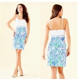Lilly Pulitzer Liz White Eyelet Top Blue Coastal Lion Print Dress 6